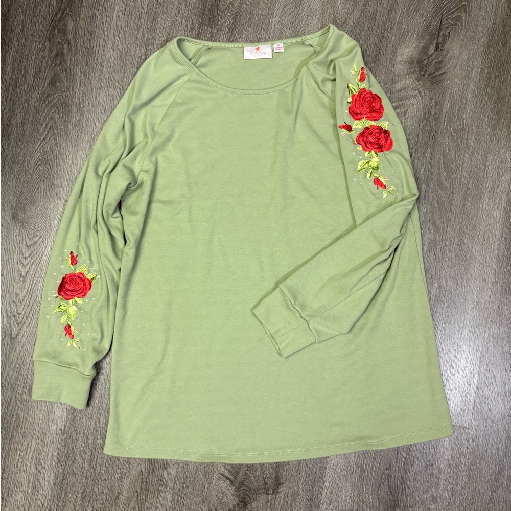 Quacker Factory Top Green Size XL Fall Theme Jeweled Embroidery Knit Popover